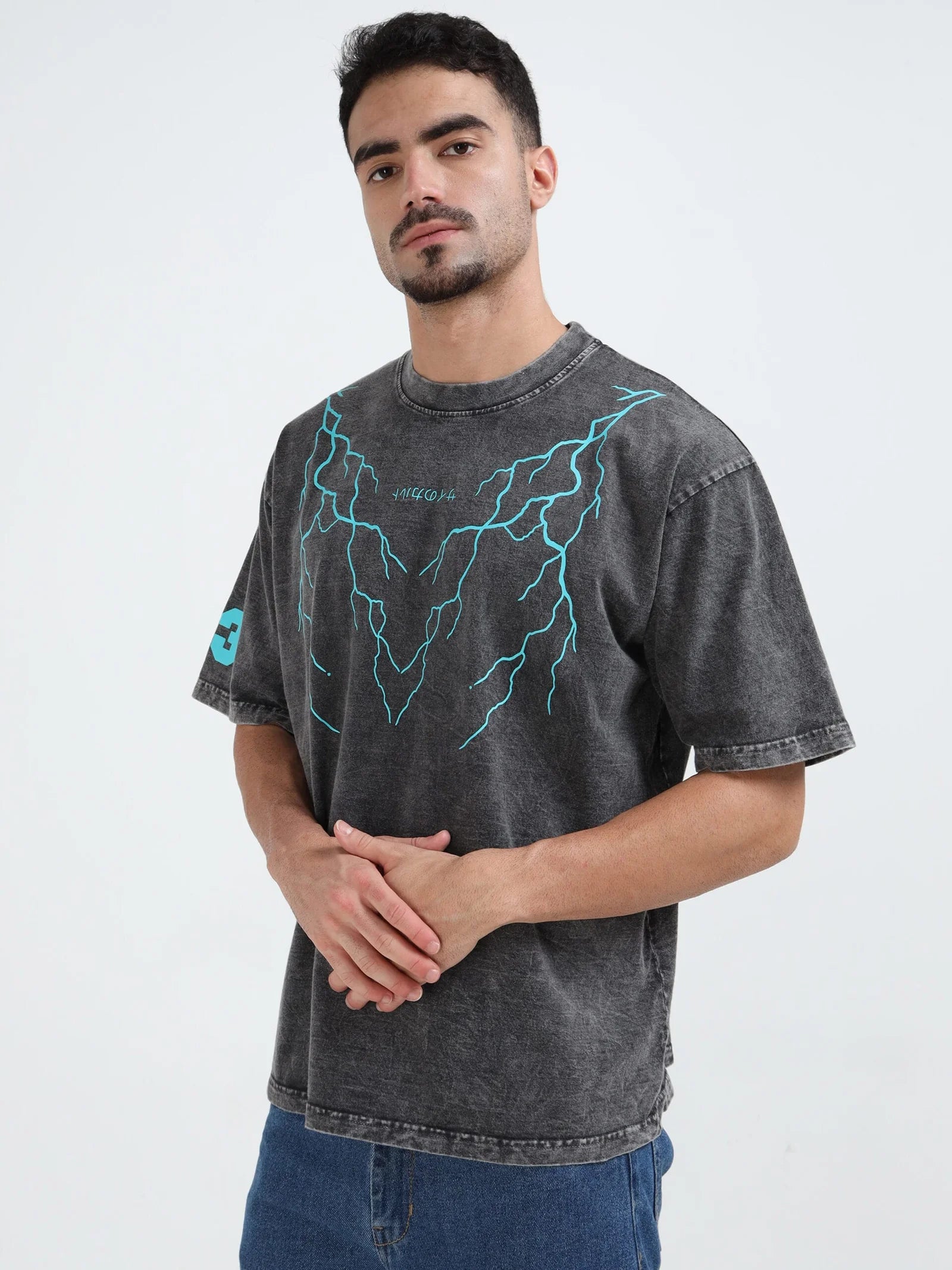 Dark Acid Wash Thunderbolt Oversize T-shirt