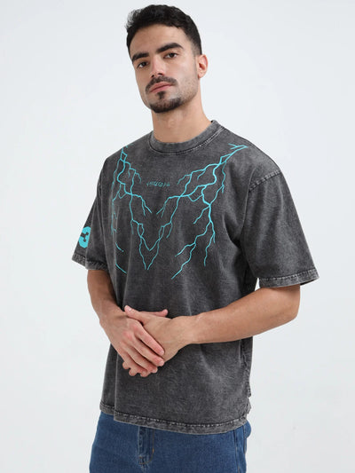 Dark Acid Wash Thunderbolt Oversize T-shirt
