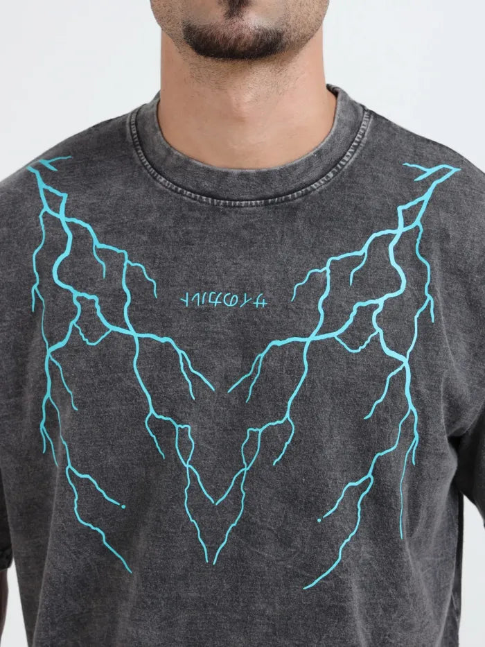 Dark Acid Wash Thunderbolt Oversize T-shirt