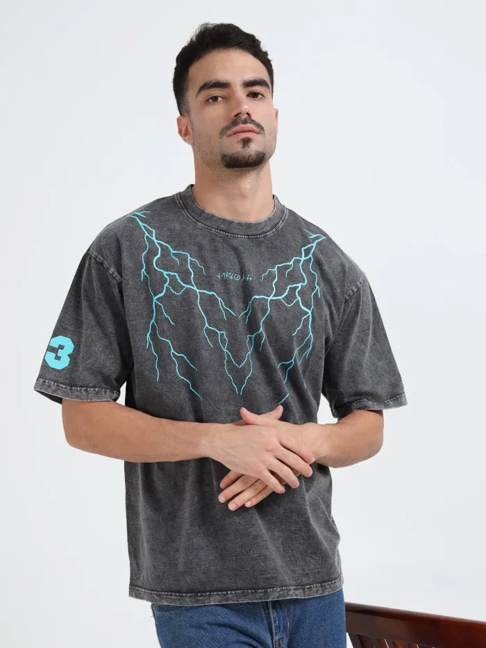 Dark Acid Wash Thunderbolt Oversize T-shirt