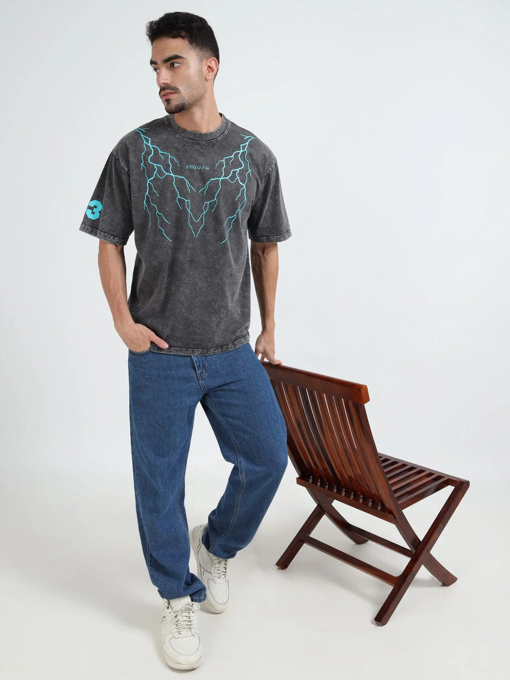 Dark Acid Wash Thunderbolt Oversize T-shirt